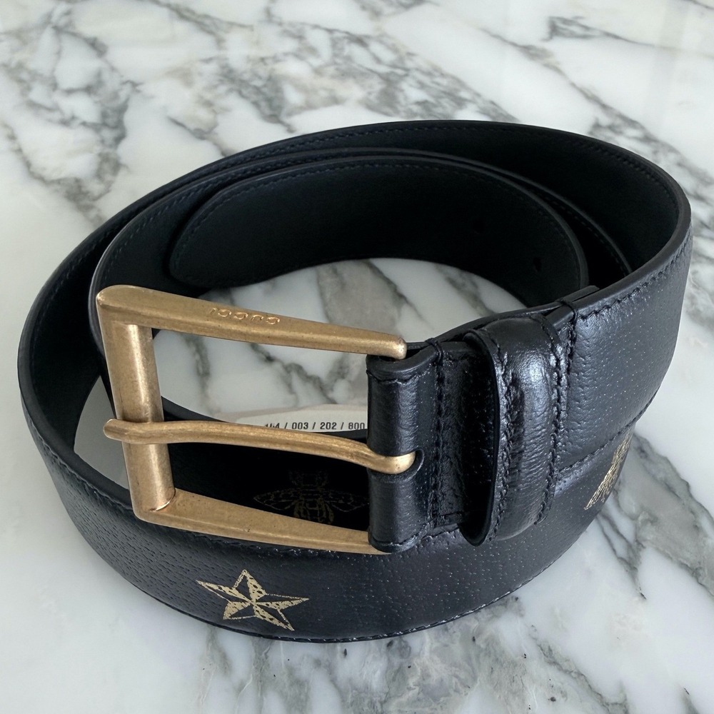 Gucci 495122 Black Leather Bee and Star Print Belt Gold‎ Buckle size 95/38 - Picture 2 of 12
